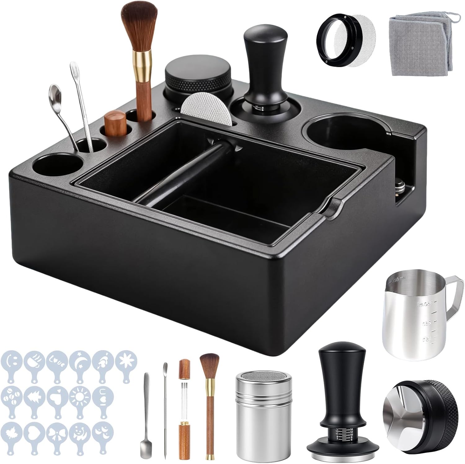 28PCS 51mm Espresso Accessories Kit,Espresso Knock Box and Tamping Station,Includes Distributor,Stirrer,Dosing Funnel,Brush,Puck Screen,Frothing Pitcher,Latte Pen,Powder Ring,Towel,Decorative Stencils