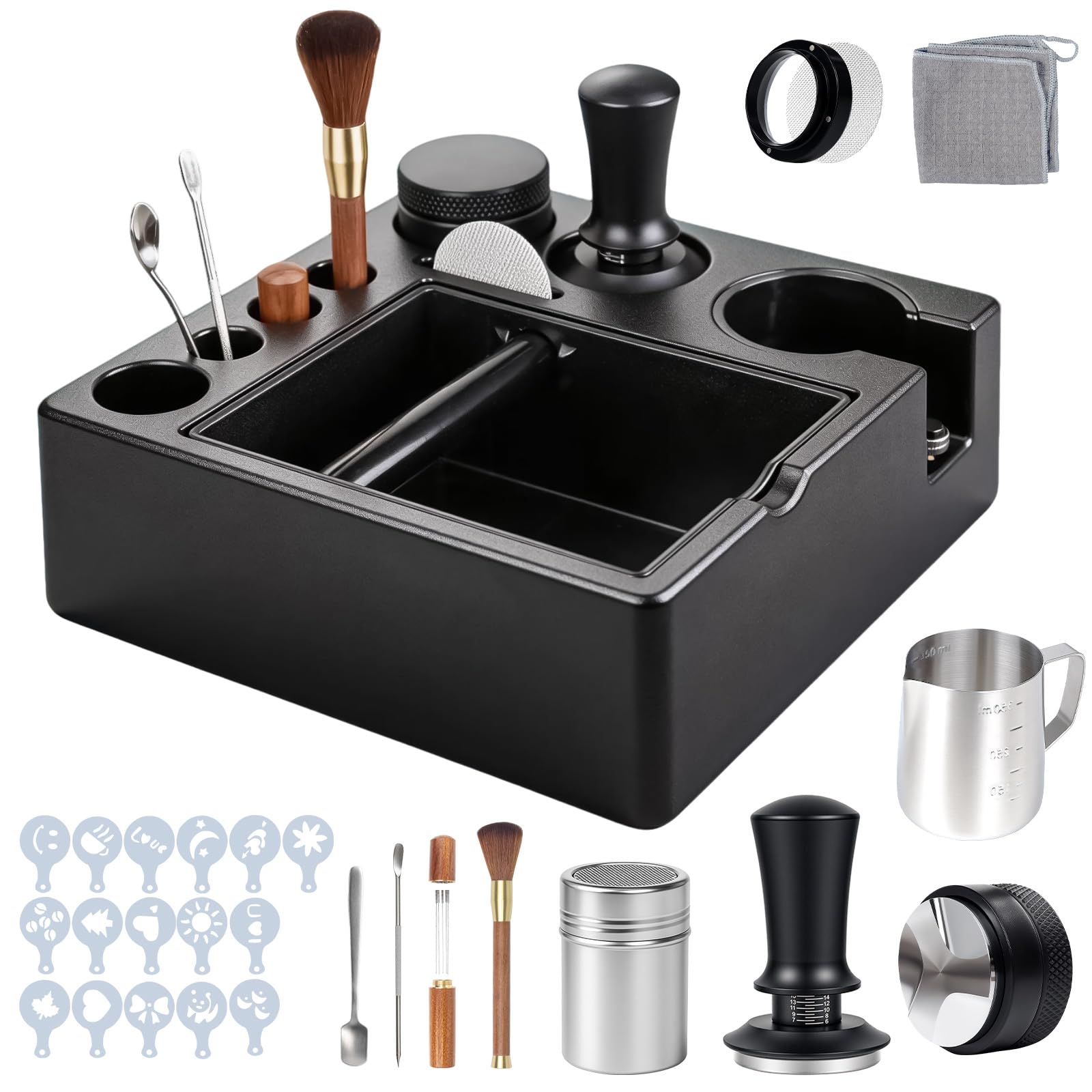 28PCS 51mm Espresso Accessories Kit,Espresso Knock Box and Tamping Station,Includes Distributor,Stirrer,Dosing Funnel,Brush,Puck Screen,Frothing Pitcher,Latte Pen,Powder Ring,Towel,Decorative Stencils : Amazon.sg: Home