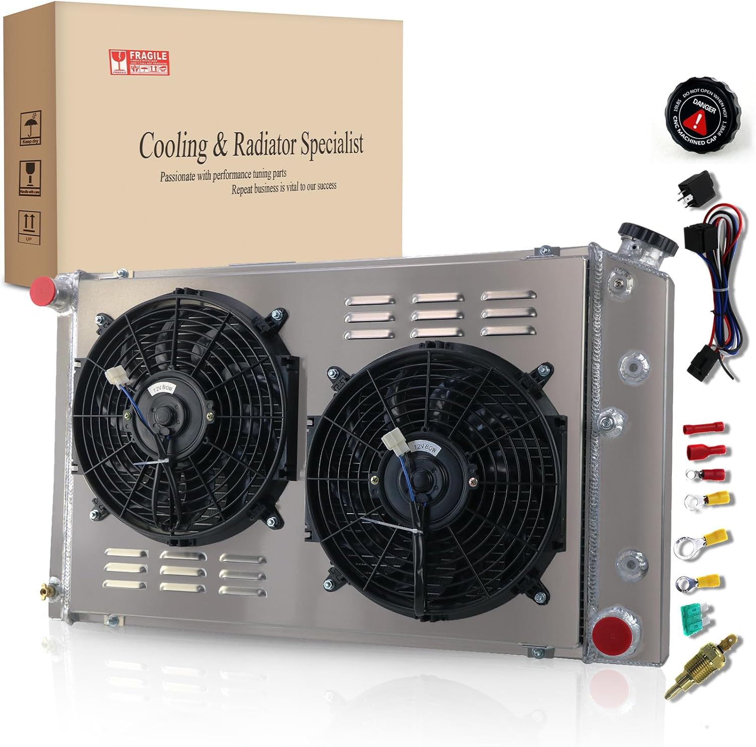 3 Row Aluminum Radiator + 2 X 12" Fan W/Shroud & Relay for 1973-80 Chevy&GMC C/K Series Pickup /70-81 Chevy Camaro/75-79 Chevelle/78-84 Monte Carlo 3.2L 3.8L V6/4.1L 4.8L L6/4.3L 5.7L V8