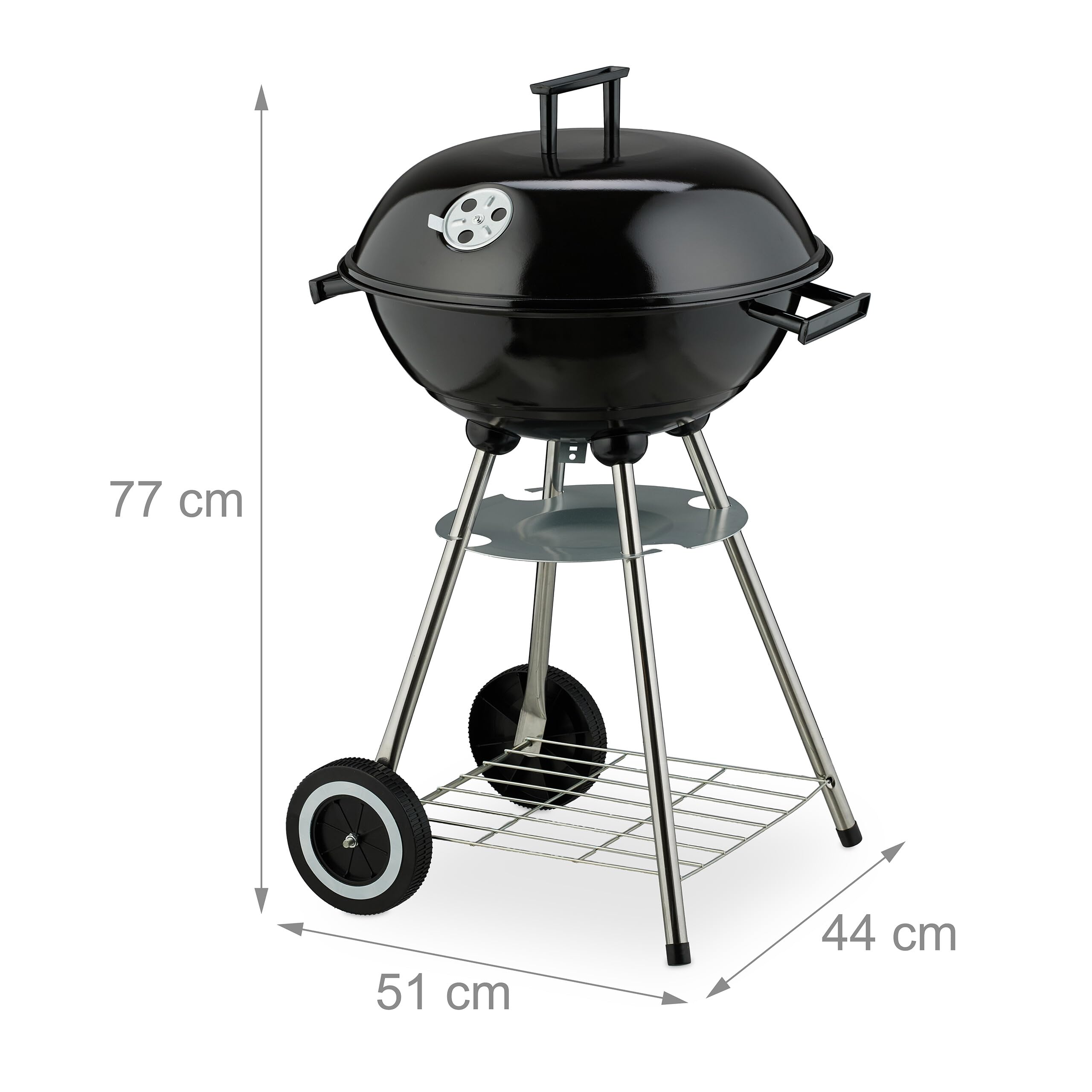 Relaxdays grill kulisty, Ø 41 cm, ruszt na węgiel drzewny, pojemnik na popiół, kółka, grill z pokrywą, czarny