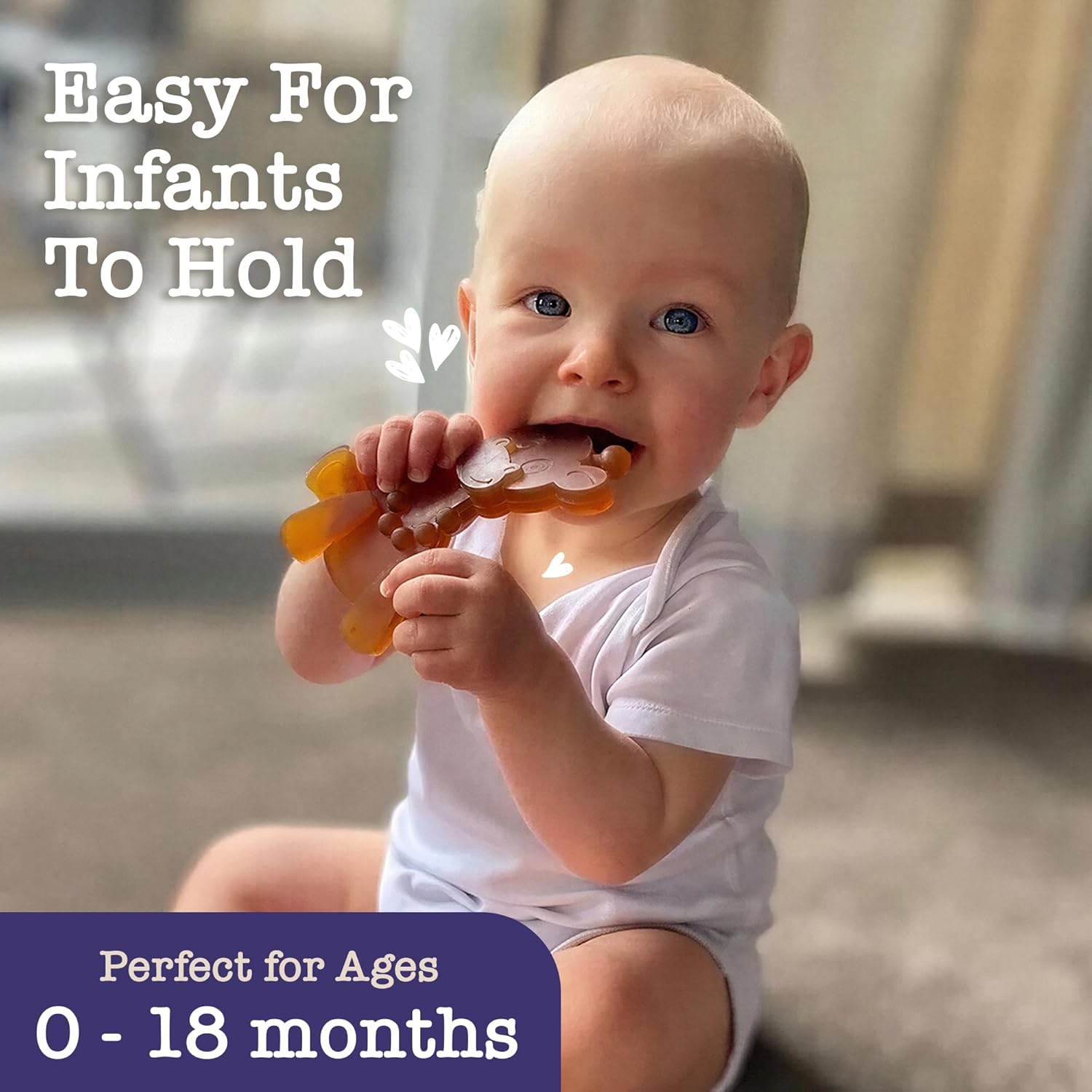 Bambeado LittleBamber Baby Teething Toy - Made with Natural Rubber & Amber Elements - Gentle Support, Easy to Hold, Simple to Clean - Cute Giraffe Teether Toy - Alternative to Amber Teething Necklace