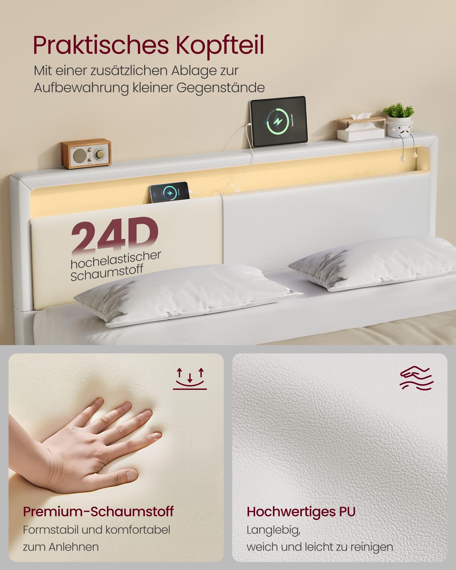 VASAGLE Bettgestell, Doppelbettgestell, 140 x 200 cm, schwebender visueller Effekt, Bett mit LED-Beleuchtung, hohem Kopfteil, Ladestation, modern, wolkenweiß RMB864W01