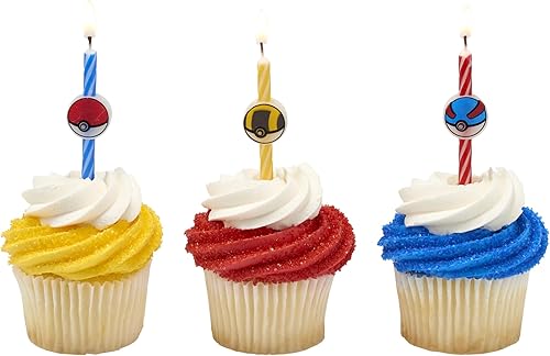 Miniatura 7 de Velas de pastel de cumpleaños Pokémon  6 velas de cumpleaños para decoración de pasteles, velas de rayas rojas, azules y amarillas, decoraciones de