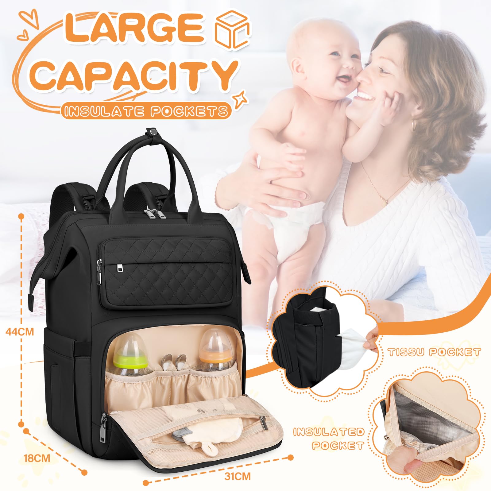 RAINSMORE Zaino Mamma Fasciatoio Multifunzione Borsa Neonato Portatile Cinturini Passeggino Nero