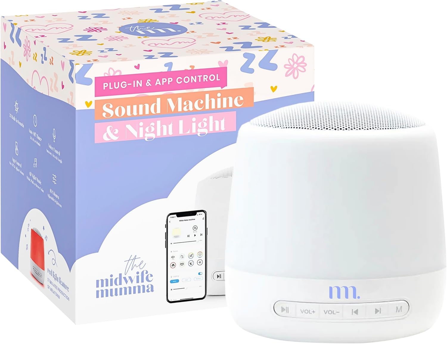 The Midwife Mumma Baby Sound Machine and Sleep Light, 34 Soothing Sounds, White Noise for Baby and Adults, App Controlled Feature