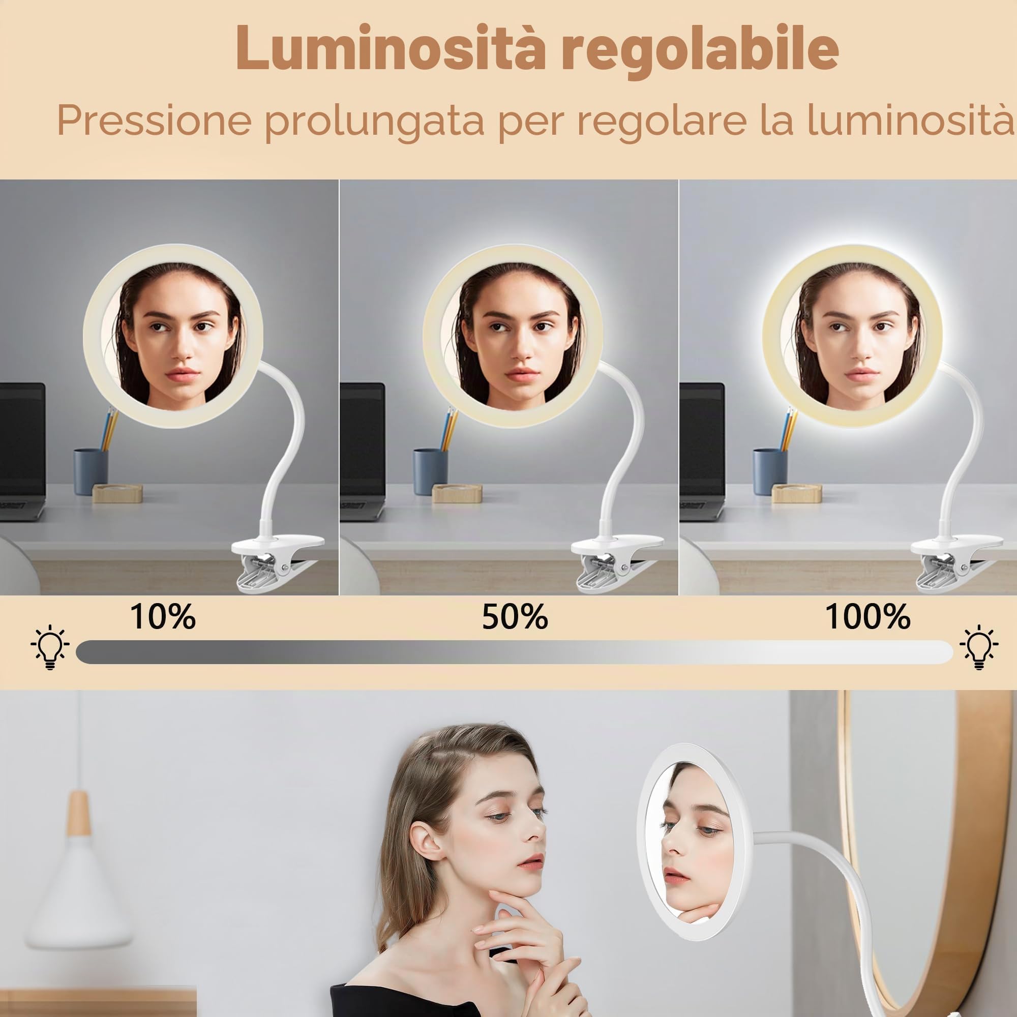 Specchio cosmetico da trucco a collo di cigno da 16,5 cm, con luce, 2000 mAh, specchio da viaggio illuminato tramite USB, colore: bianco