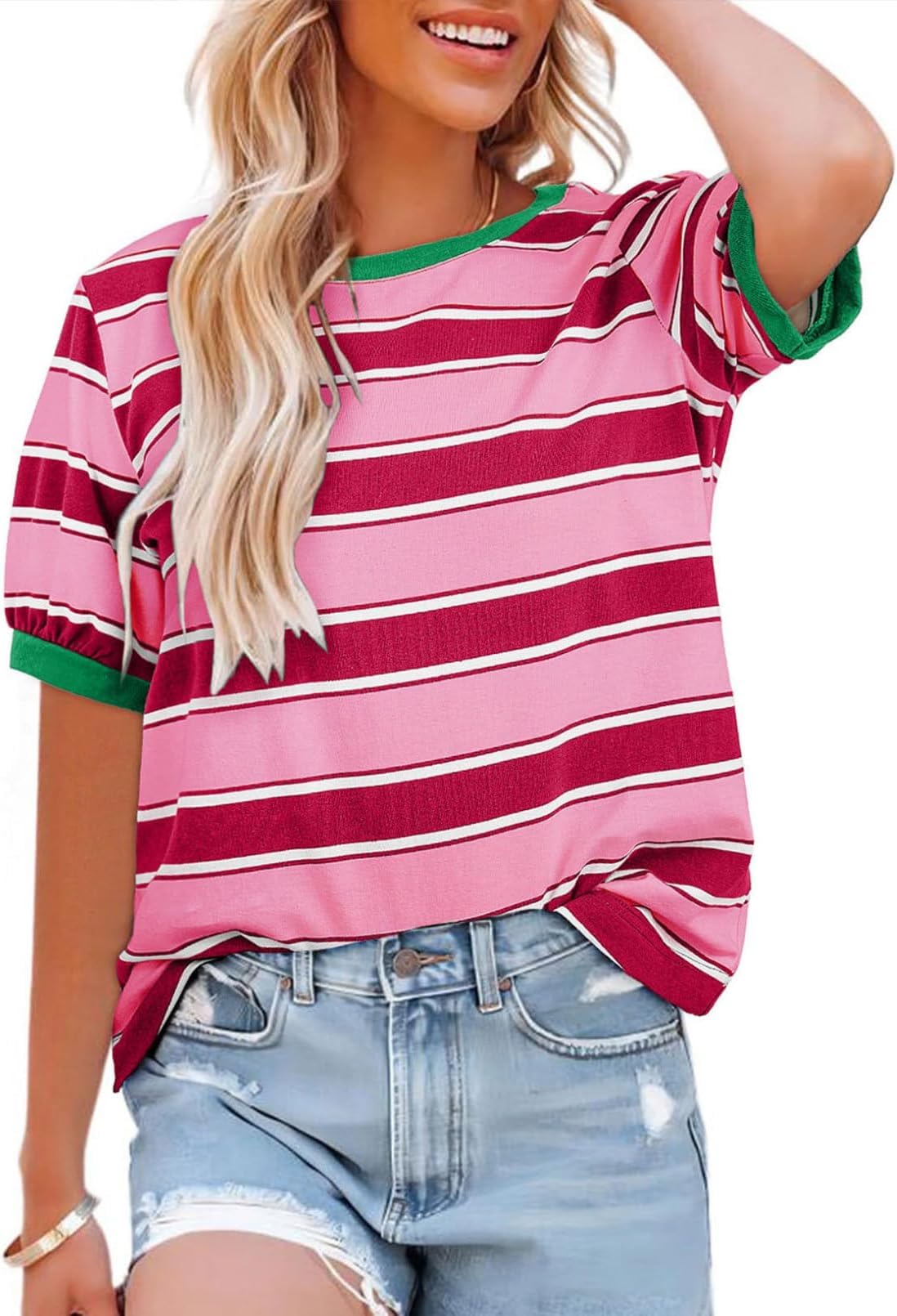 BUNSLOOM Oberteile Damen Sommer 2026 Gestreifte Color Block Kurzarm T-Shirt Rundhals Lässige Lockere Basic Tops Blusen