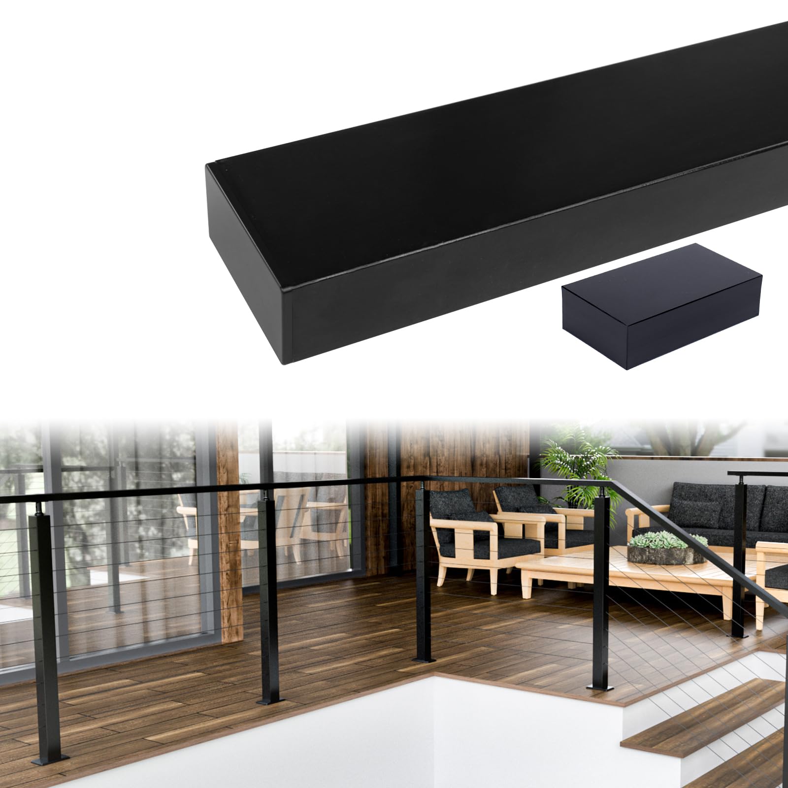 Muzata 6'6" Aluminum Black Cable Railing Handrail Rectangular Handrail for Cable Railing System Top Rail Deck Stair Indoor Outdoor Length Adjustable