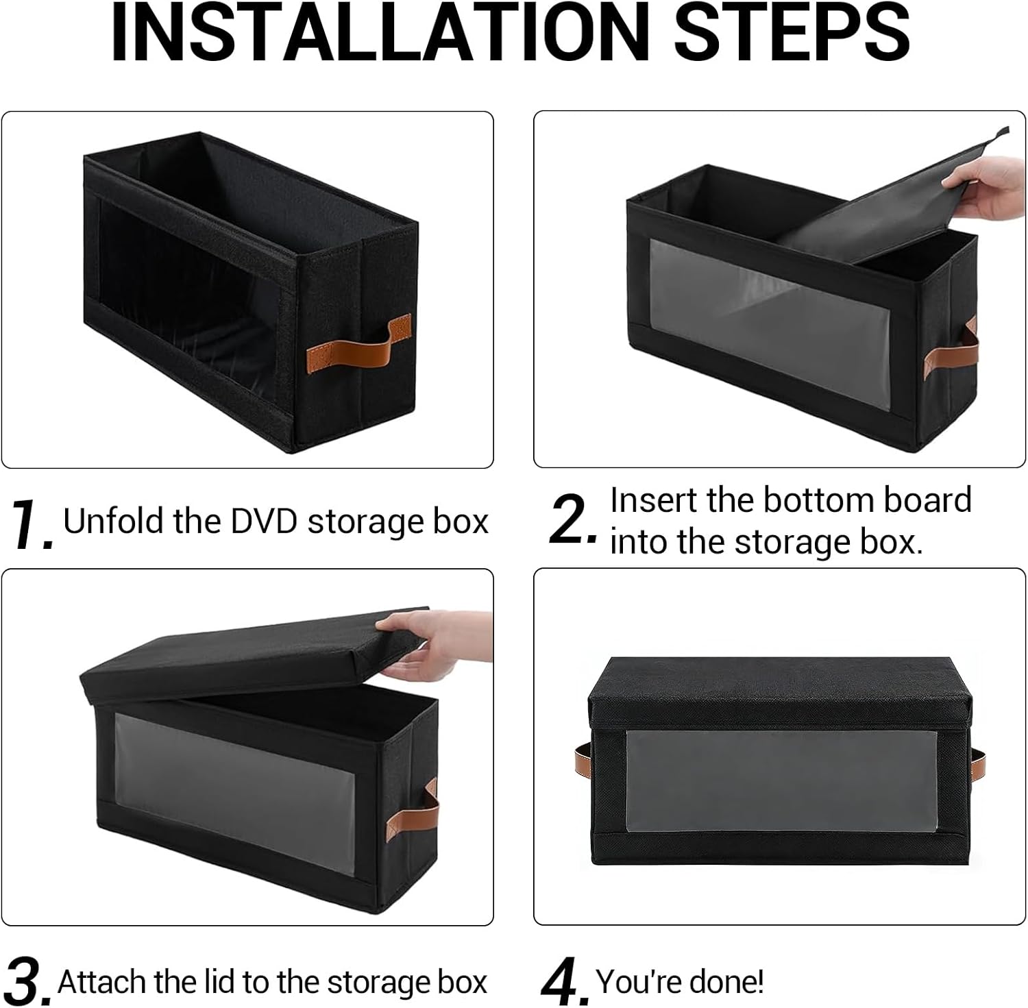 Garvee Set of 6 CD Case, Non-Woven Stackable CD Storage Box with Lid and Handles, DVD Storage Case, 13.2" L x 5.9" W x 5.3" H Each, Solutions to Protect Your Precious Collection, Black