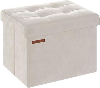 SONGMICS Storage Ottoman, Foldable Small Ottoman Foot Rest, 12.2 x 16.1 Inches Foot Stool, OAD up to 286 lb, for Living Room, Bedroom, Dorm, Cream White ULSF200W01