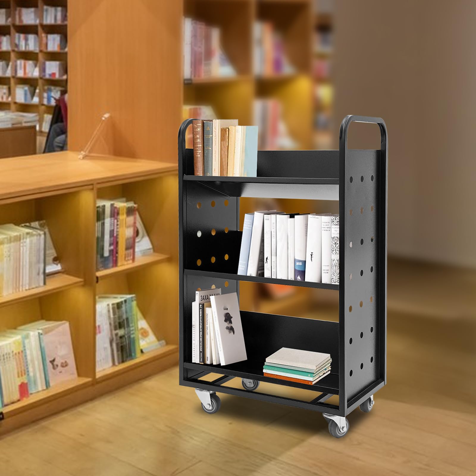Carrello portaoggetti a tre piani, dimensioni 80 x 36 x 100 cm, nero, con ruote girevoli e maniglia, adatto per librerie, biblioteche, uffici e spazi abitativi
