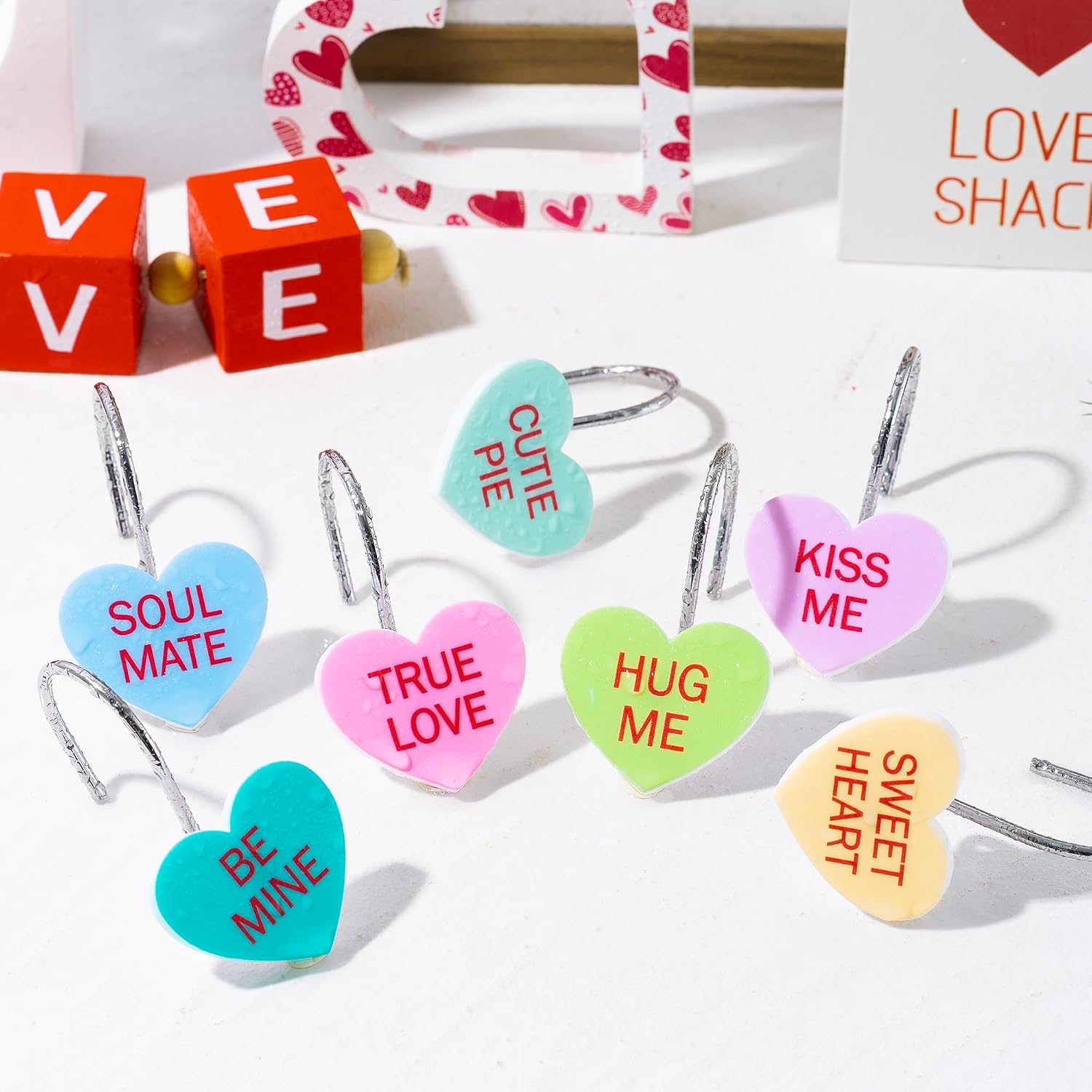 MALLMALL6 12Pcs Heart Conversation Shower Curtain Hooks Metal Rustproof Love Heart Decorative Pendants with XOXO BE Mine Bathroom Bedroom Room Decor Accessories Stainless Curtain Rings
