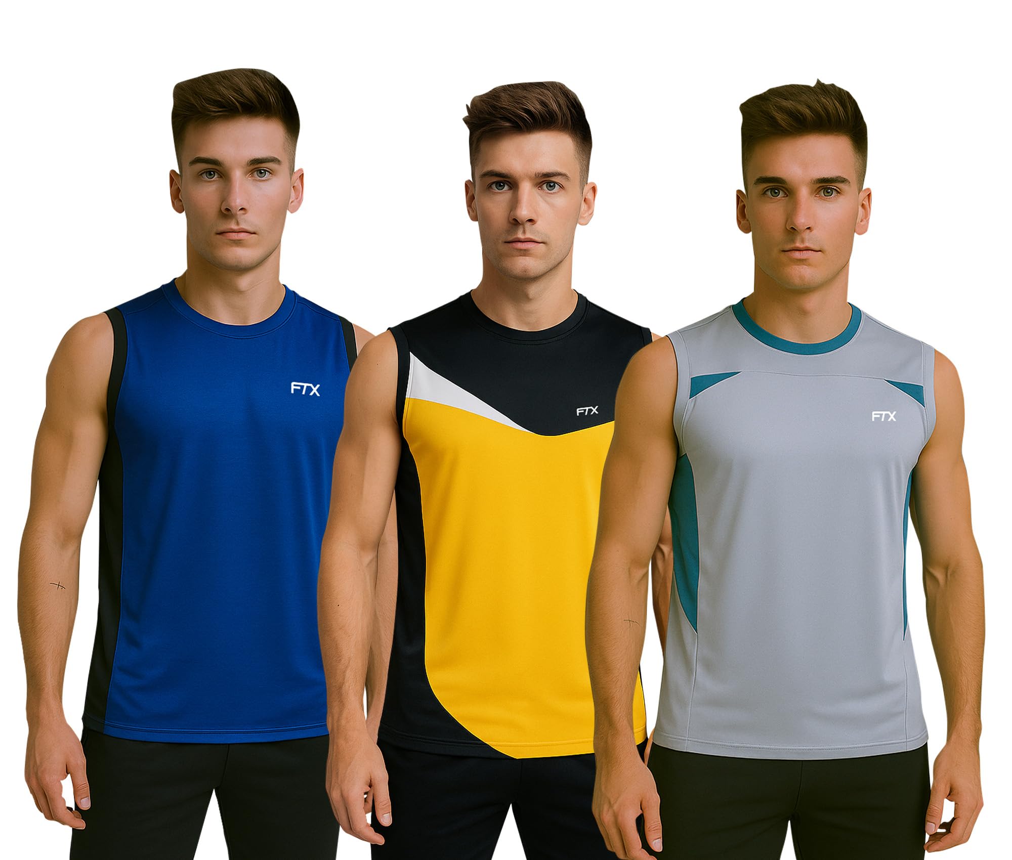 ftx Drifit Round Neck Colorblock Sleeveless Activewear Sports Casual Tshirt for Men (Pack of 3)-picture-14