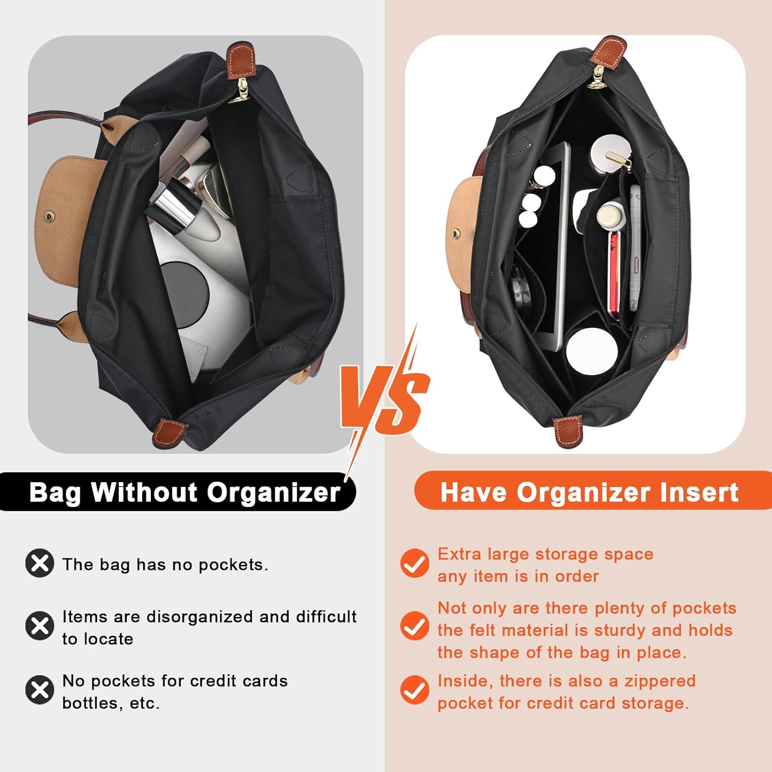 Felt Purse Organizer Insert for Longchamp Le Pliage M Handbag Insert (Medium, Black) - Image 3