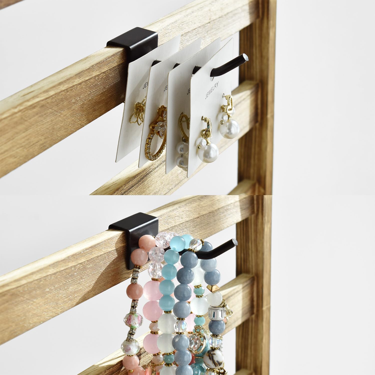 Ikee Design Wooden Jewelry Display Rack with 20 Removable Metal Hooks, Earring Card Display Holder Stand for Earring Cards, Necklaces, Bracelet, Keychain Stand, Oak Color - Image 6