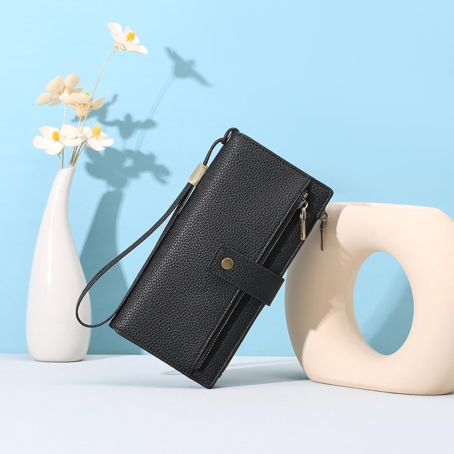 Women's Large Capacity Long Wallet Genuine Leather RFID Blocking with Zipper Pocket and Wristlet (Black)