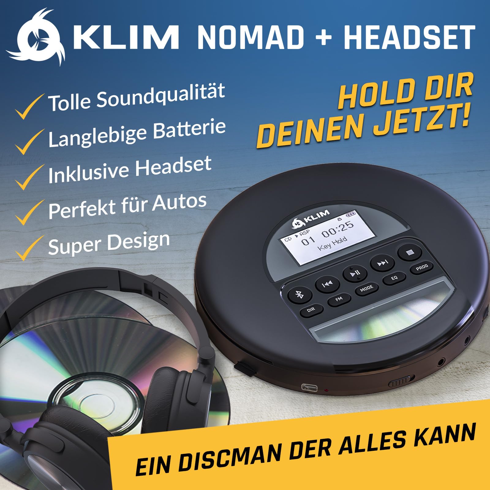 KLIM NomadCD Player Bluetooth - tragbare Discman mit langlebigem Akku - inklusive Kopfhörer - MP3, CD-R, CD-RW - TF-Reader, Radio FM - ideal für Autos