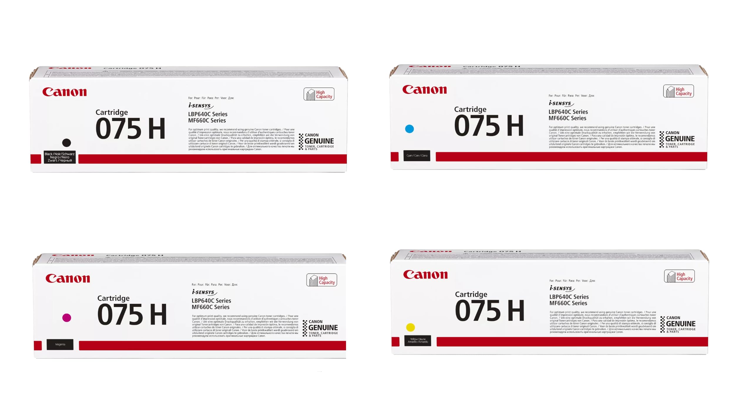 Canon Kit de Toners 075h Noir, Cyan, Magenta et Jaune Haute capacité XL (Multipack) pour imprimantes i-SENSYS LBP646Cdw, LBP647Cdw, MF664Cdw et MF667Cdw