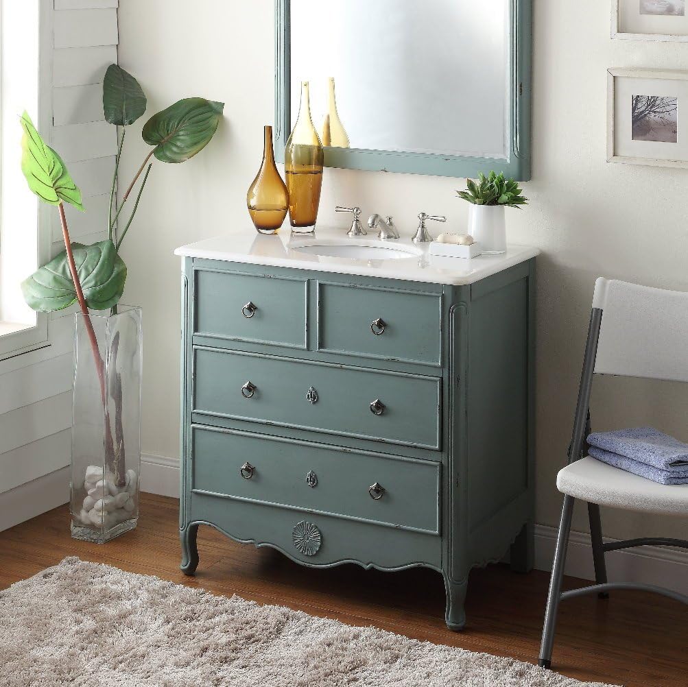 Benton Collection 34” Cottage Look Daleville Bathroom Sink Vanity ZK-81Y-MIR with Mirror (Vintage Mint Blue)