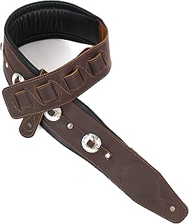 Walker And Williams C-44-BRN Handmade Brown Double Padded Premium All Grain Leather Guitar Strap with Conchos For Acoustic, Electric, And Bass Guitars