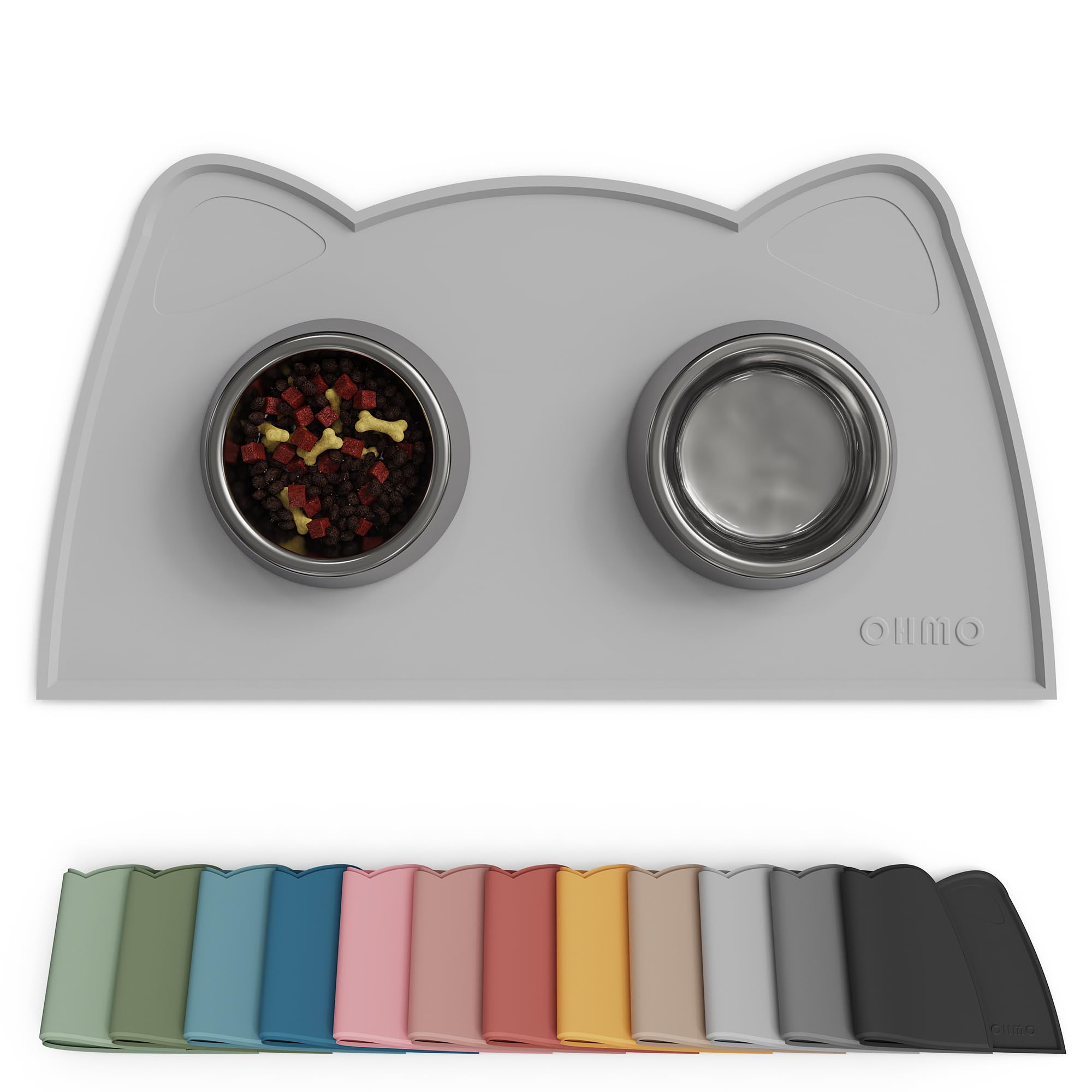 OHMO - Cat Food Mat, Silicone Pet Feeding Mat for Floor Non-Skid Waterproof Dog Water Bowl Tray, Easy to Clean Pet Placemat (Ash Light Grey, 18 * 9.8'