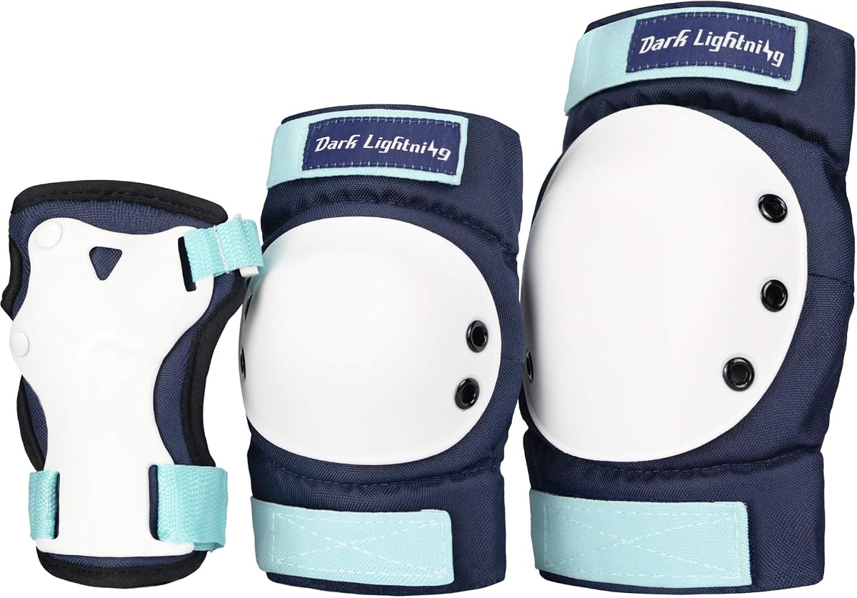 Kids/Junior/Youth Knee Pads Elbow Pads Wrist Guards 3 in 1 Protective Gear, for Skateboard,Roller Skate,Inline,Cycling,MTB Bike,Scooter(Navy Blue,L)