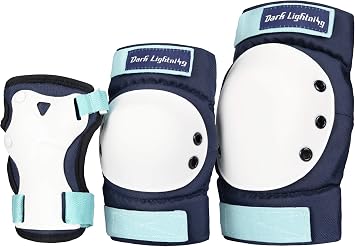 Dark Lightning Kids/Junior/Youth Knee Pads Elbow Pads Wrist Guards 3 in 1 Protective Gear, for Skateboard,Roller Skate,Inline,Cycling,MTB Bike,ScooterNavy Blue,L