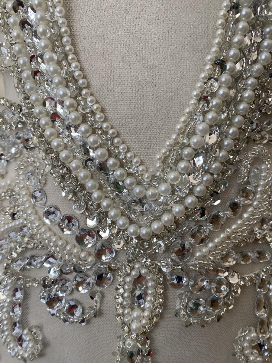 Handmade Silver Glass Rhinestones Bodice lace Applique Hand Sewing Beaded Sequins Trim Patches for Dress Clothes Skirts Multiple Design Styles Accessories (N)