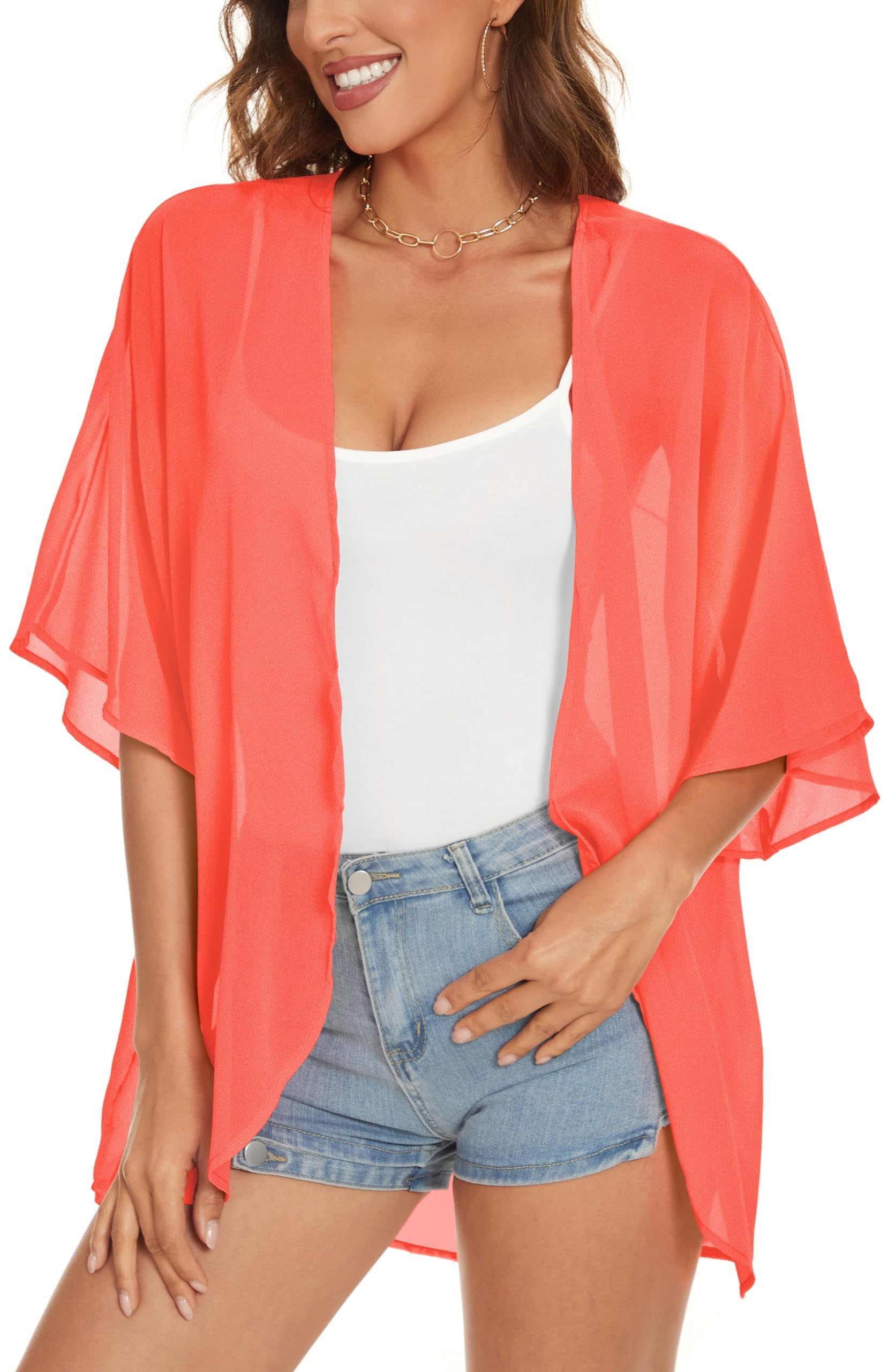 ADOREJOY Women's Tops Summer Kimono Cardigan Floral Print Puff Sleeve Swimsuit Cover Up Casual Loose Fit Blouse — view 23