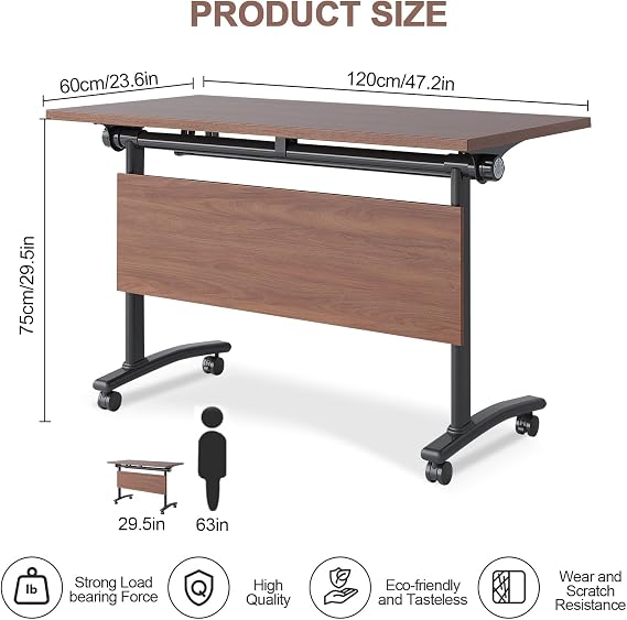 Folding Conference Table, FlipTop Training Table with Wheels | Sturdy Metal Frame, Smooth Rolling Casters, Stable LoadBearing, Stackable Structure for Office Classroom Meeting Room