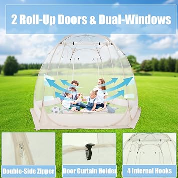 Pop Up Bubble Tent, 360 Clear Camping Tent, 9.84x6.73ft Portable Camping Screen House Withstand Wind Speeds of 5-6 Levels, Rollable Door Curtain, Double-Headed Zippers, 4 Hooks, Storage Bags