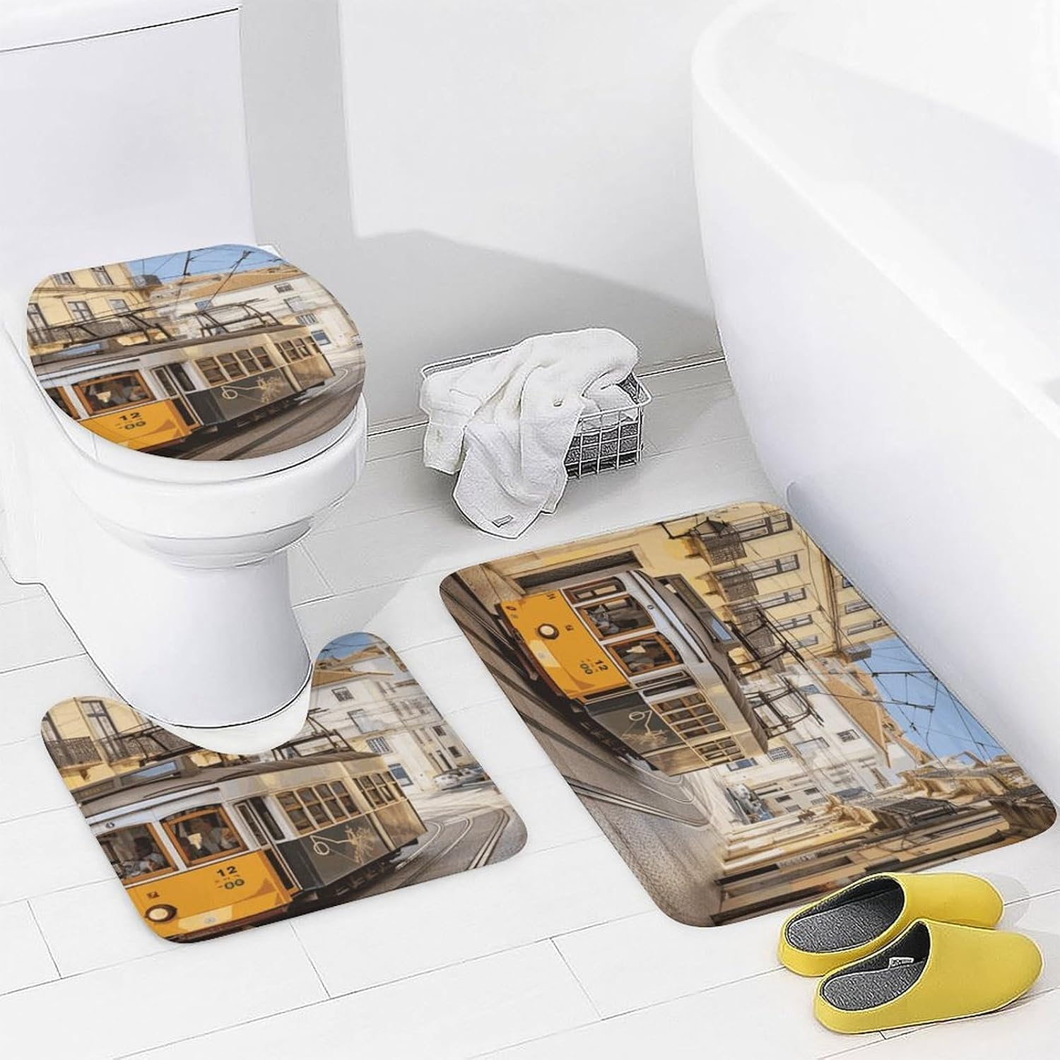 Lisbon Tram Bath Rug Set 4 Piece,Bathroom Accessories Set-Toilet Rugs U Shaped,Toilet Lid Cover,Shower Curtain and Rugs,Ultra Soft, Absorbent,Home Decor