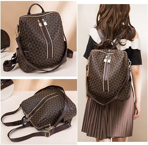 2 PCS Women Fashion Travelling Backpack Pu Vegan Leather Rucksack Purse Shoulder Bag for Ladies Work Travel (Brown)