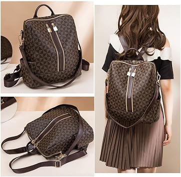 2 PCS Women Fashion Travelling Backpack Pu Vegan Leather Rucksack Purse Shoulder Bag for Ladies Work Travel (Brown)