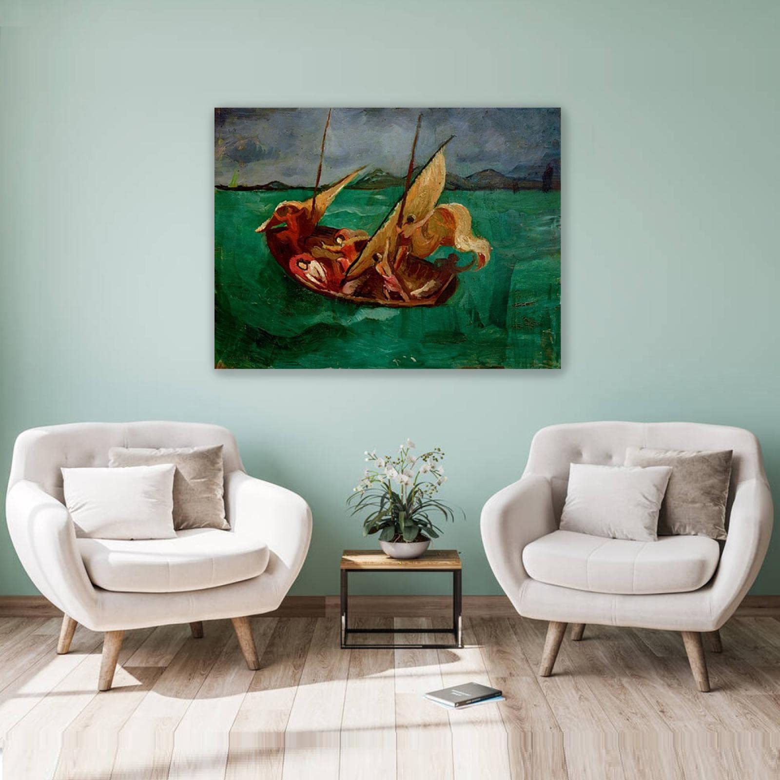 JZSDGB Oprawiony. Słynny obraz – 'Jesus in the Boat' autorstwa August Macke, abstrakcyjne płótno, sztuka ścienna, reprodukcja na płótnie, nowoczesny obraz, plakat do dekoracji domu, 30 x 42 cm