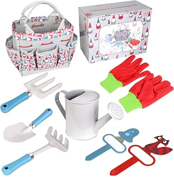 Kids Gardening Tools - Includes Sturdy Tote Bag, Watering Can, Gloves, Shovel, Rake, Fork - Children Garden Tool Set -Christmas New Year Gifts