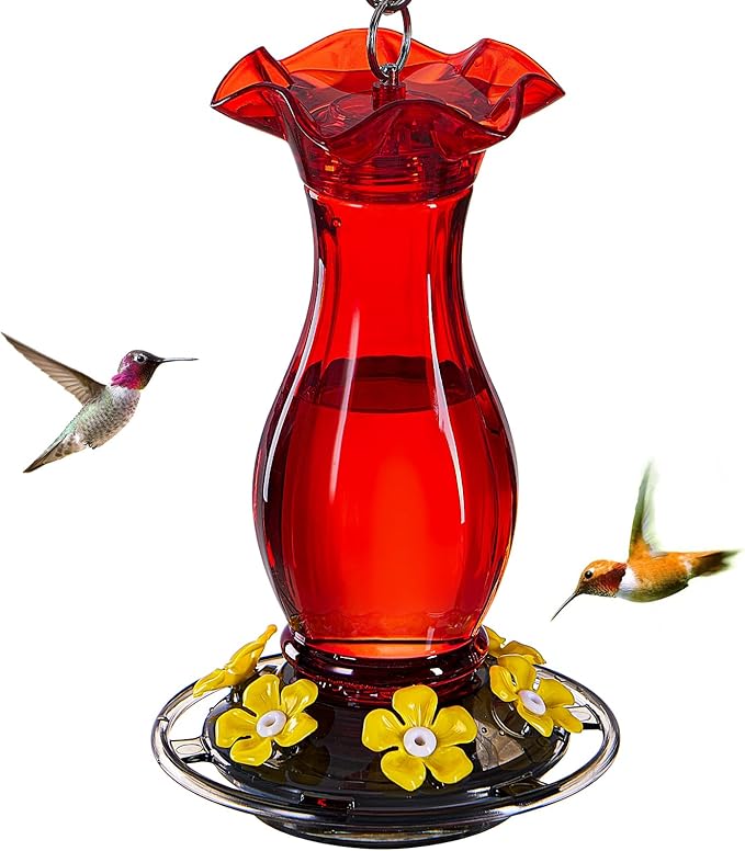 Jealoeur red hummingbird feeder with 6 feeding ports and integrated ant moat for easy cleaning