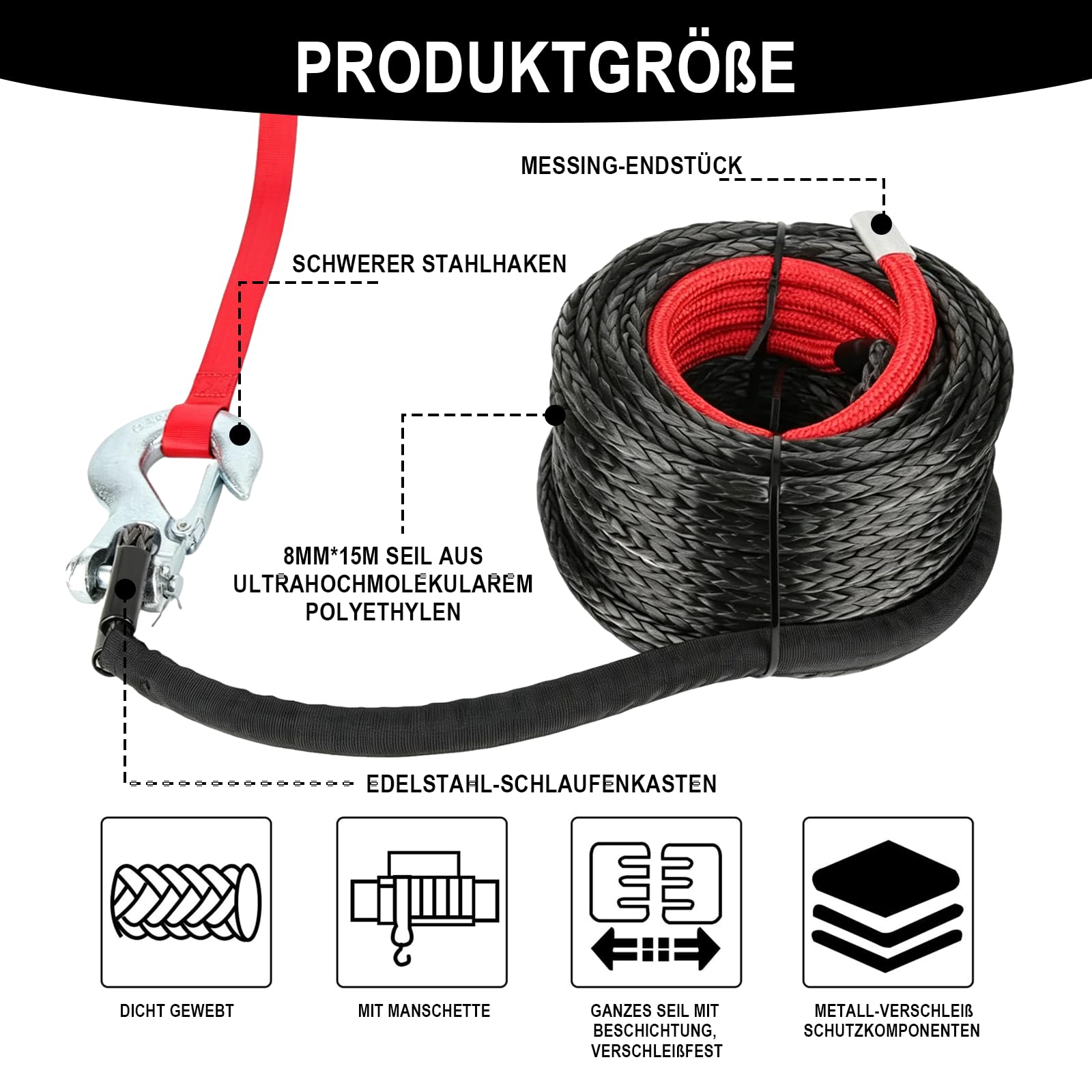 Abschleppseil 15 m für Auto und SUV, Nylon Berge Seil mit U-Haken,