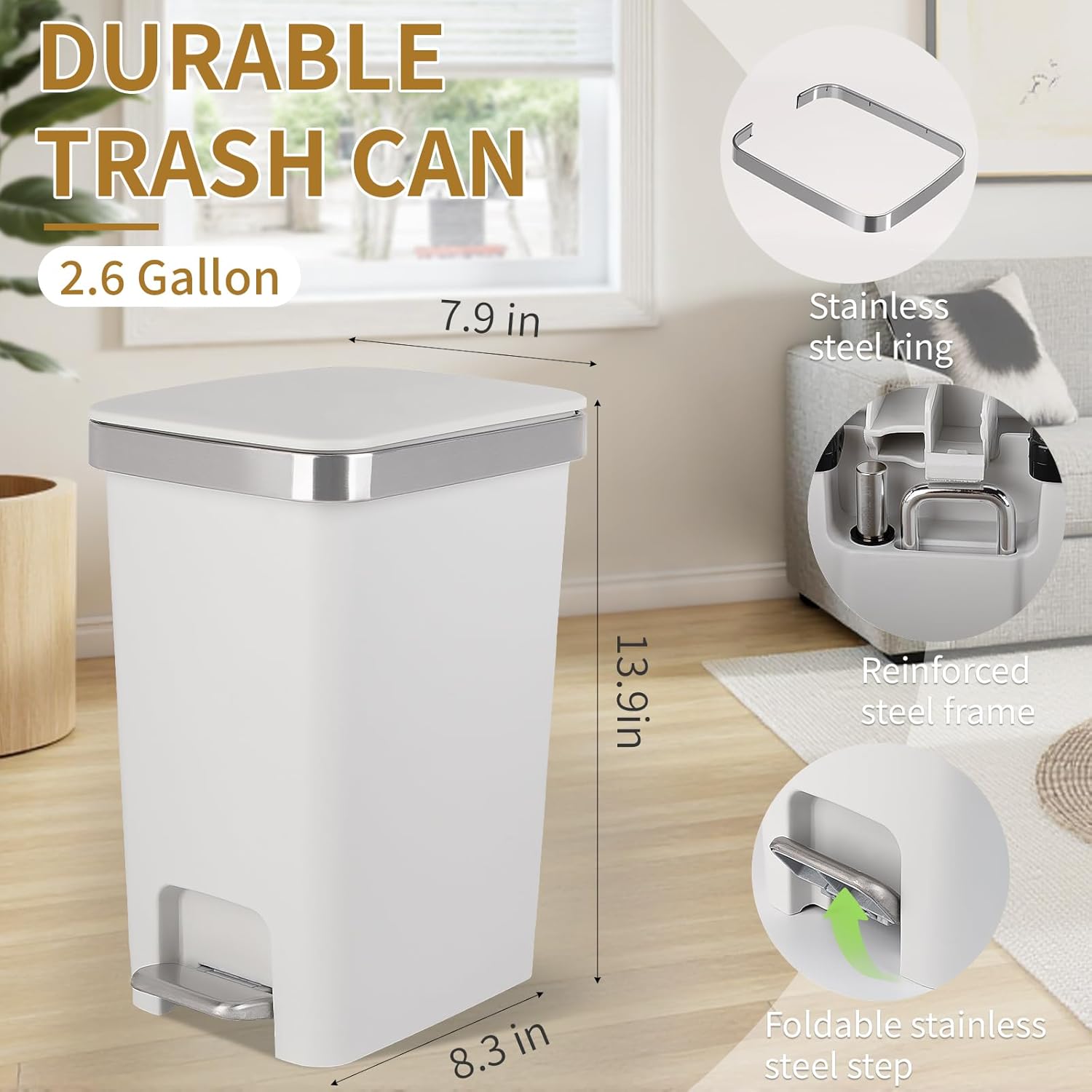 Small Bathroom Trash Can with Lid and 3 Rolls Trash Bags, Step Pedal Wastebasket Plastic Garbage Can with Pop-Up Lid 2.6 Gallon Bin for Kitchen, Bedroom, Office, Dorm, Laundry, Toilet, Rv, White
