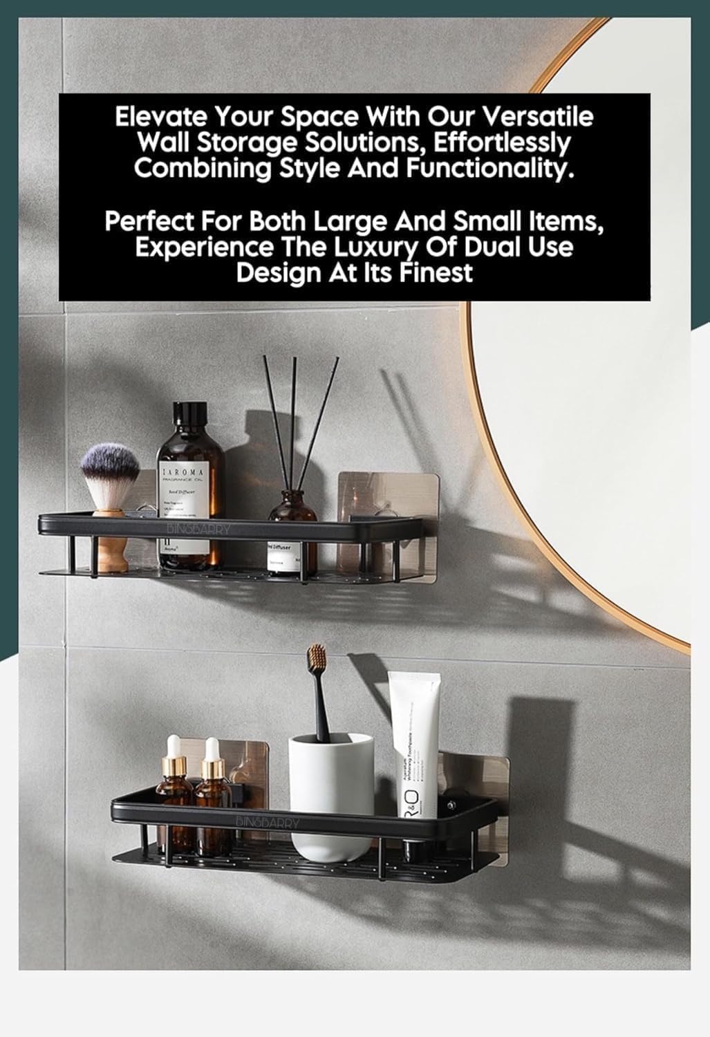 Self-Adhesive Multipurpose Wall Mounted Bathroom Shelf and Rack for Bathroom and Kitchen,Space Saving Bathroom Organizer Shelf, Punch Free Wall Shelves, Wall Stand (Black Shelf, Pack of 2)