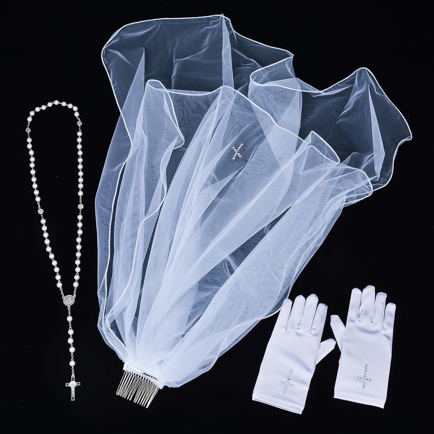 Girl's First Communion Set with Veil, Gloves, Pearl Rosary, Rhinestone Cross