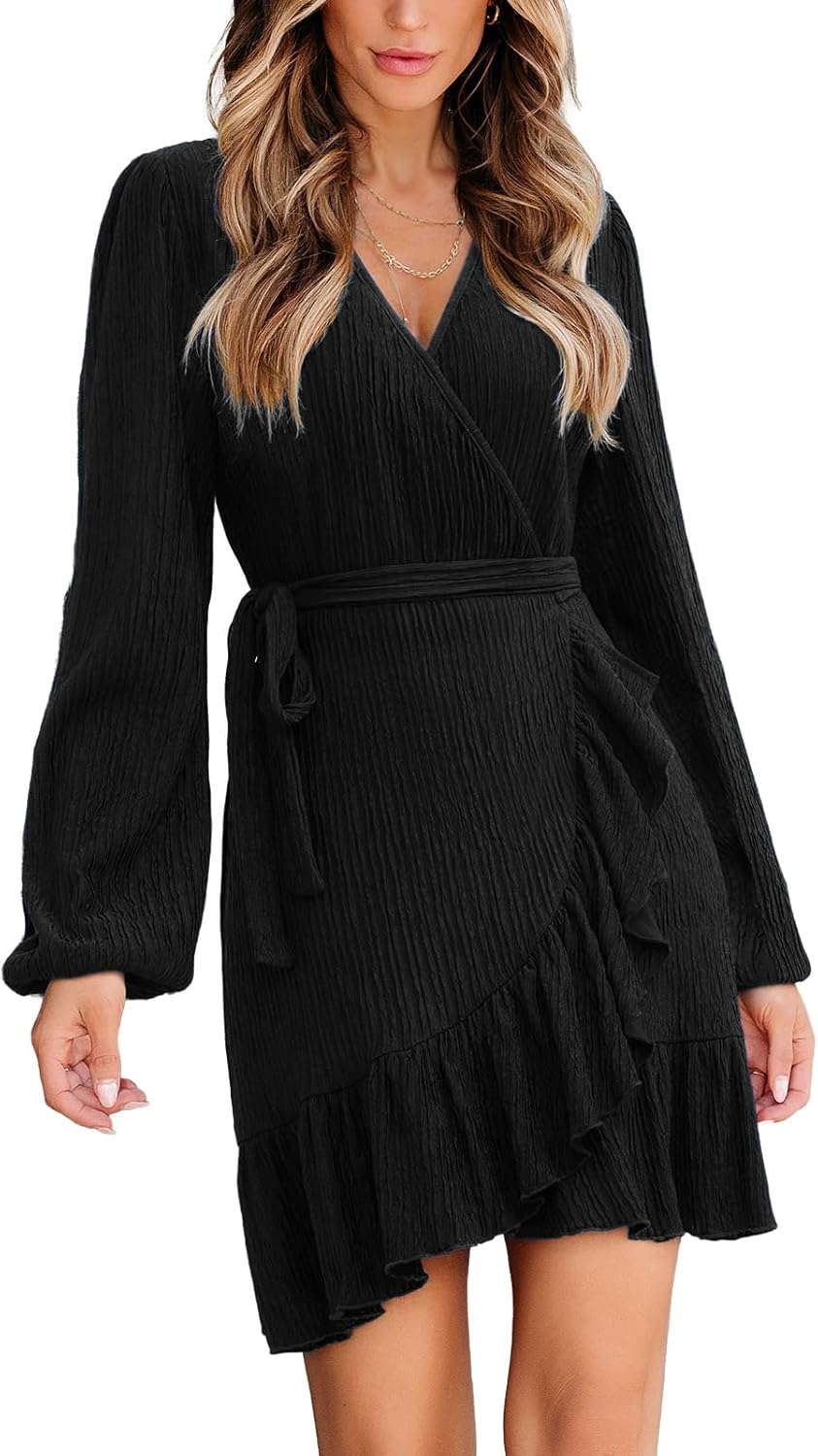 CUPSHE Womens Ruched Fall Dresses V Neck Long Sleeve Belted Ruffled Casual Bodycon Flowy Party Elegant Mini Cocktail Dress