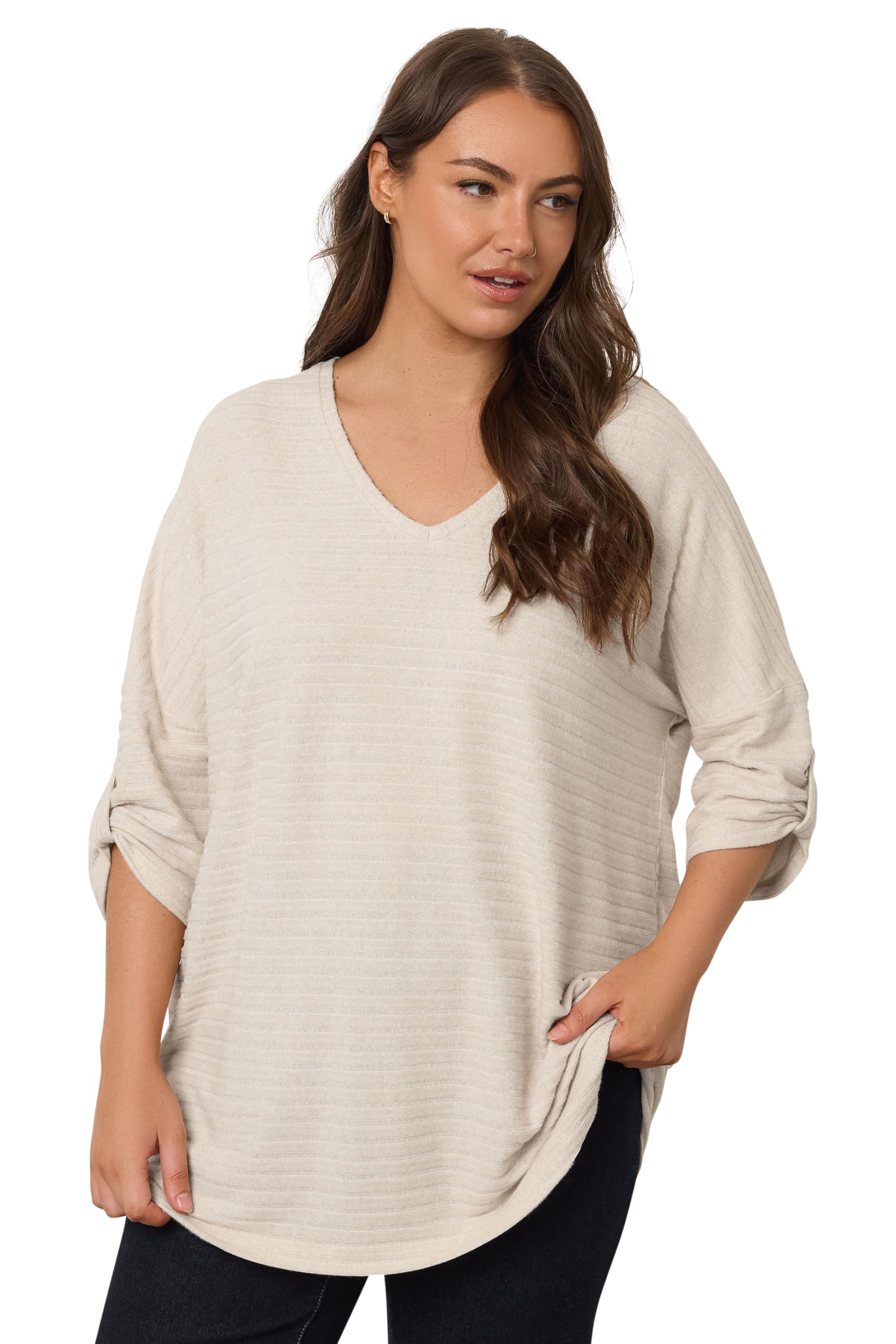 Evans Women's Cream Curve Tab Sleeve Ribbed Jumper - Plus Size Curve