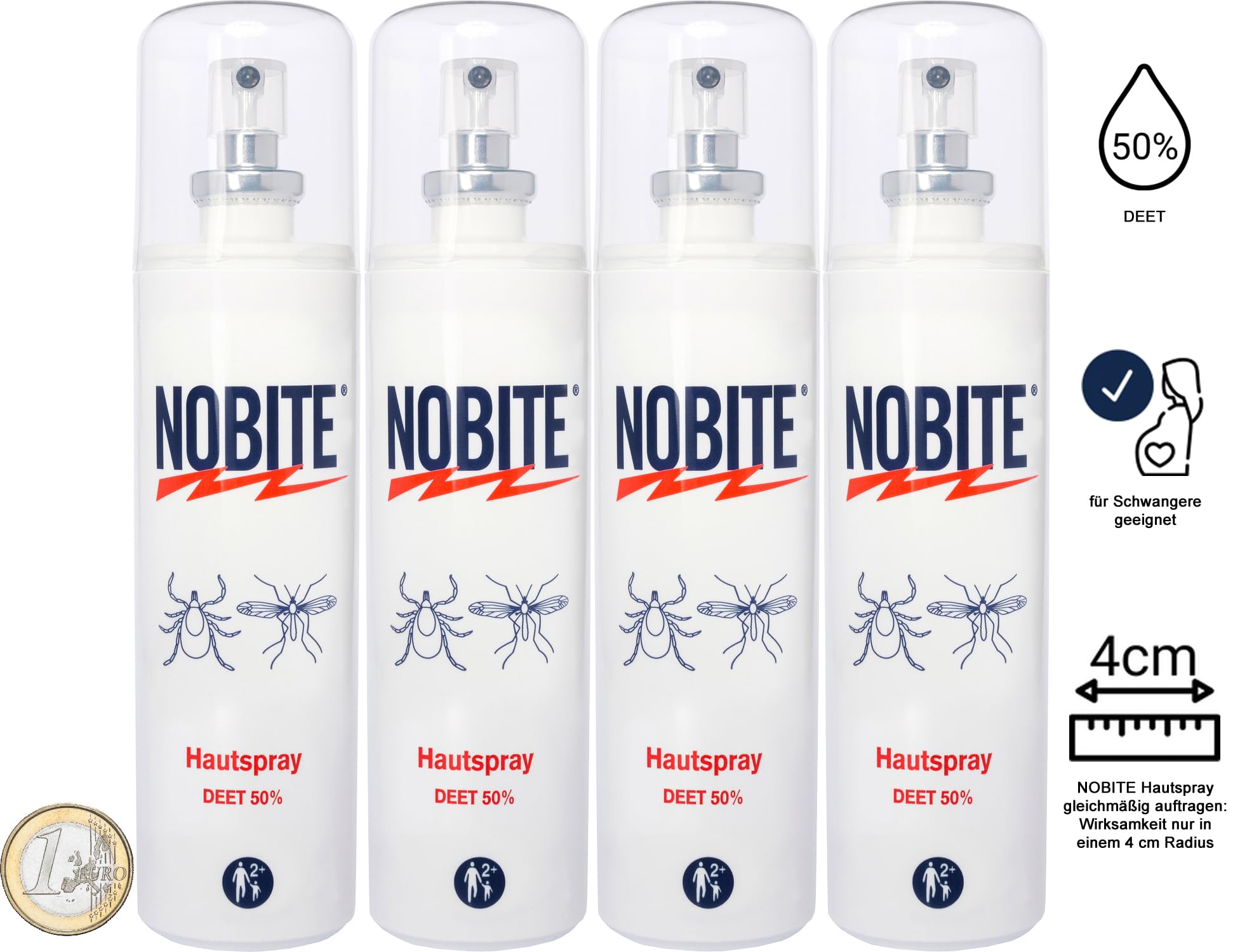 NOBITE Hautspray 4x100ml – Mückenspray & Zeckenschutz, 50% DEET Tropenspray