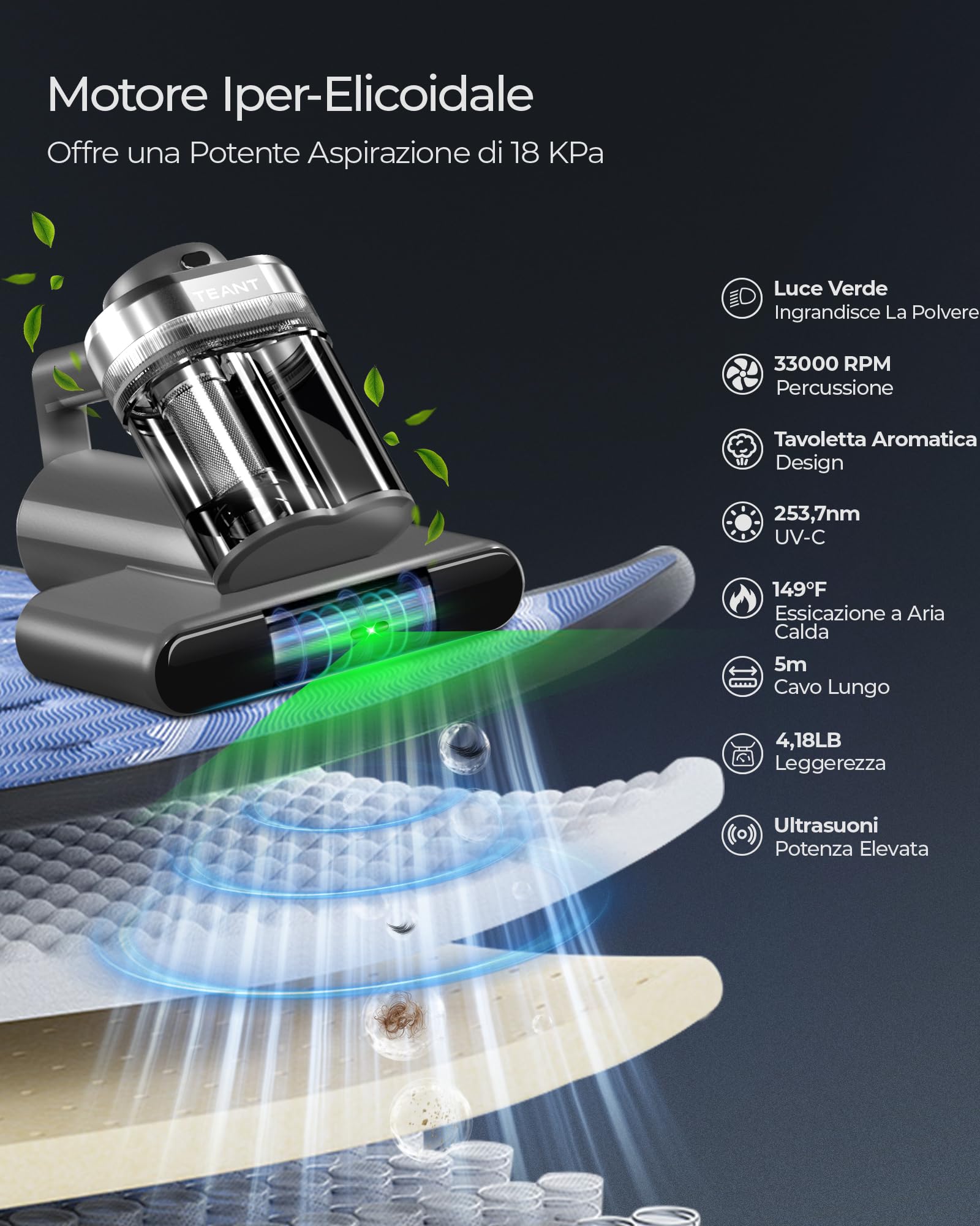 Teant Aspirapolvere per Materassi, 2 Velocità (14 kPa/18 kPa) – con Rilevamento Polvere a Luce Verde, Luce UV-C 253.7 nm, Display LED, Filtro HEPA, Calore a 65°C e Aromatizzante per Letto