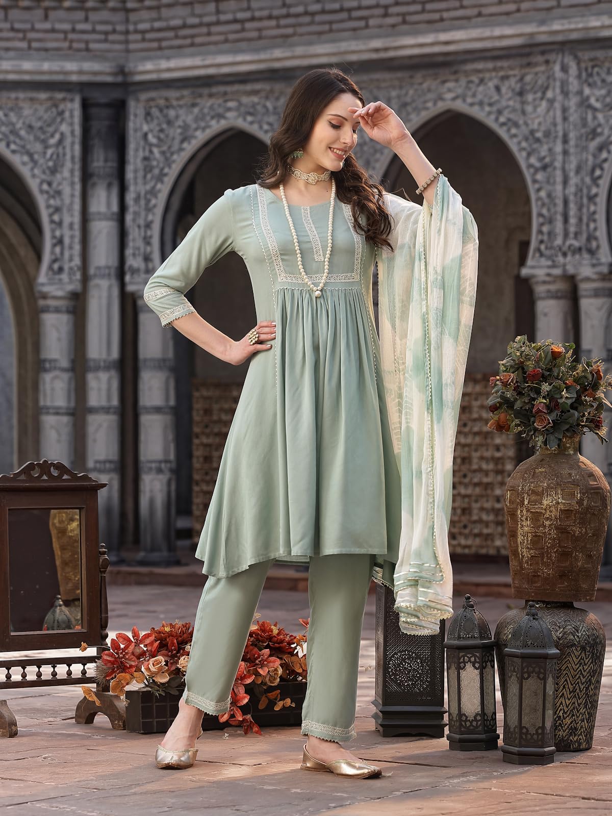 Stylum Women's Solid Rayon A-Line Kurta Pant Dupatta Set (Kpdgreenmegha38_Pista Green, M)