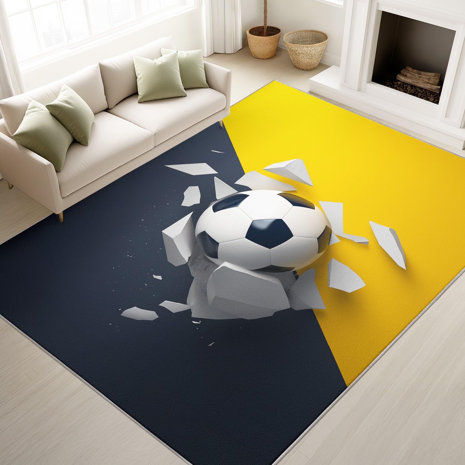 Tapis géométrique football 3D lavable en machine 60 x 120 cm bleu