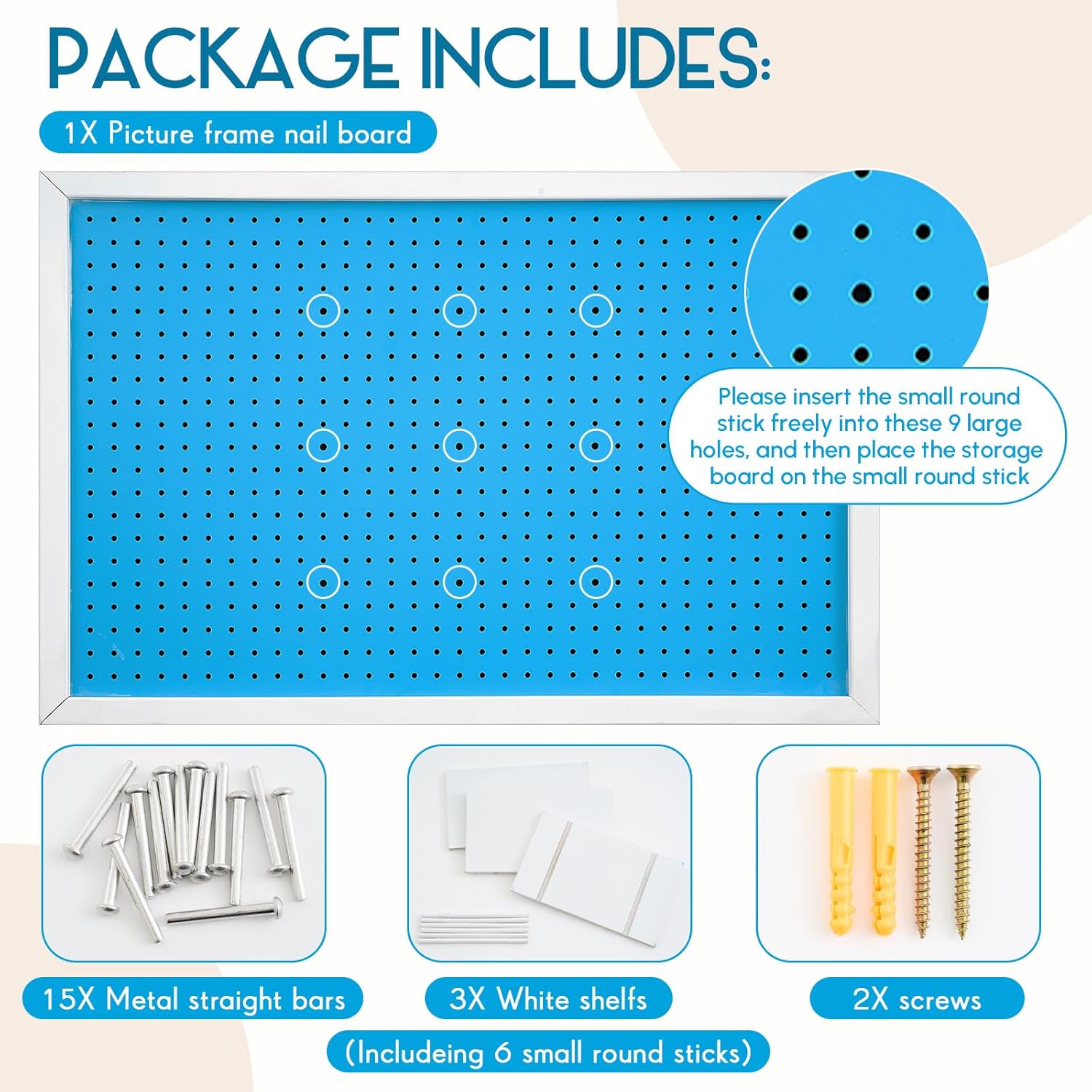 Weysat 36 x 24 Inch Decorative Wood Pegboard Wall Organizer with Frame Large Display Board Kit with 3 Shelves 18 Nails Aesthetic Board Wall Organizer Craft for Room, Office, Sewing (Blue)