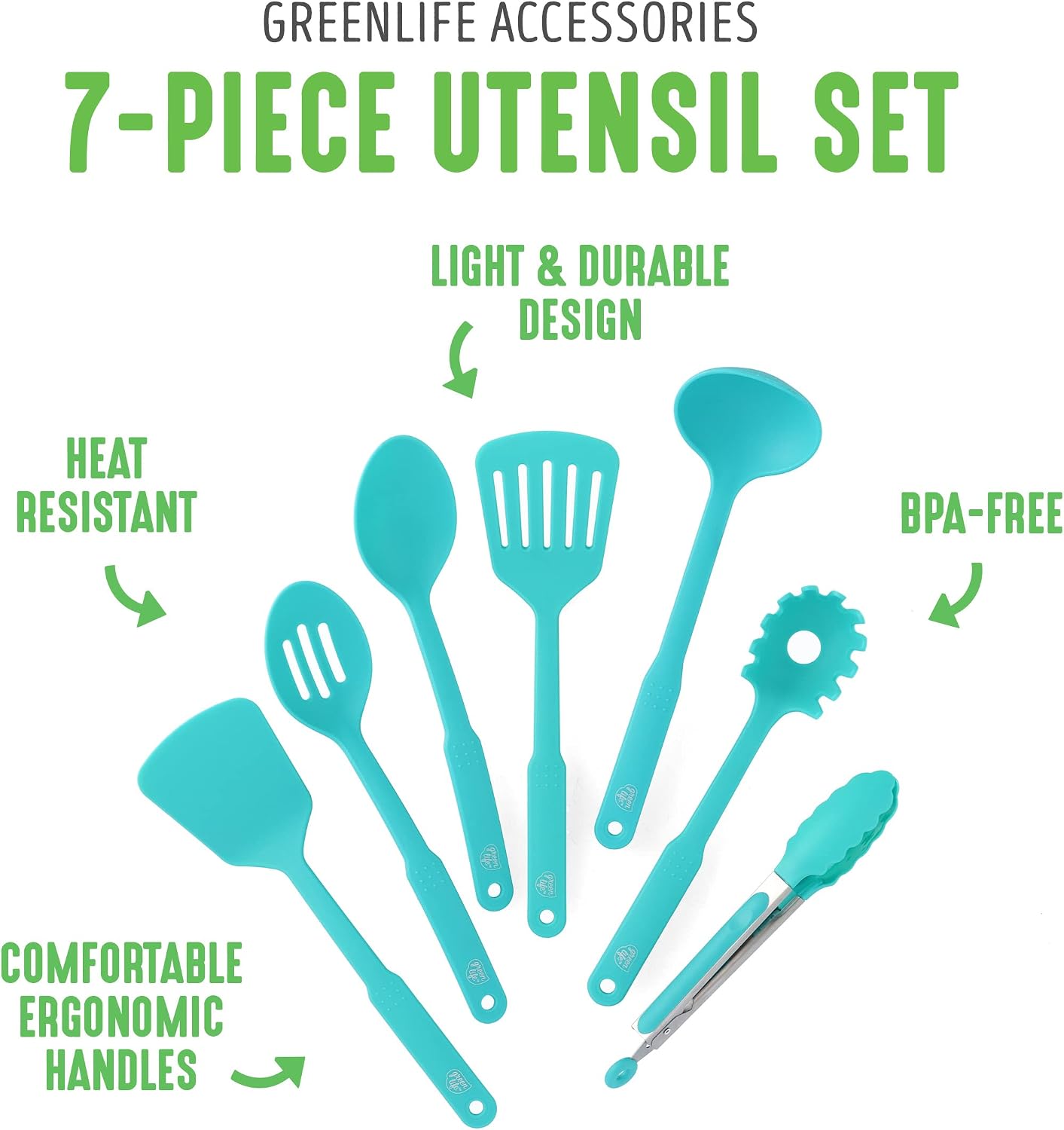GreenLife Cooking Tools and Utensils, 7 Piece Nylon Set including Spatulas Turner Spoons and Tongs, Dishwasher Safe, Caribbean Blue