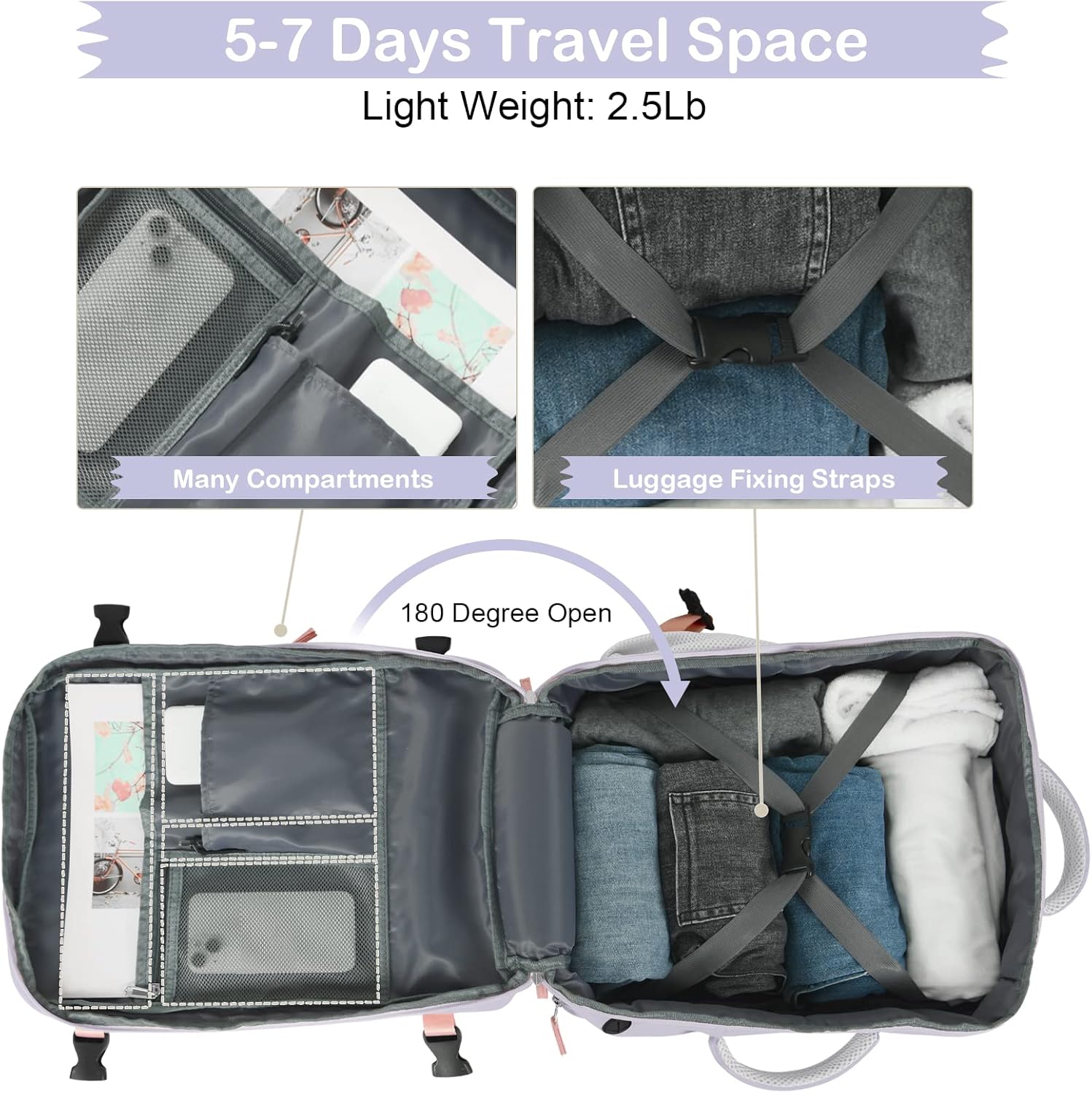 Miniatura 8 de Mochila de viaje extra grande (2 piezas negro y morado) como artículo aprobado por vuelos de persona, mochila de transporte de 40 litros, mochila